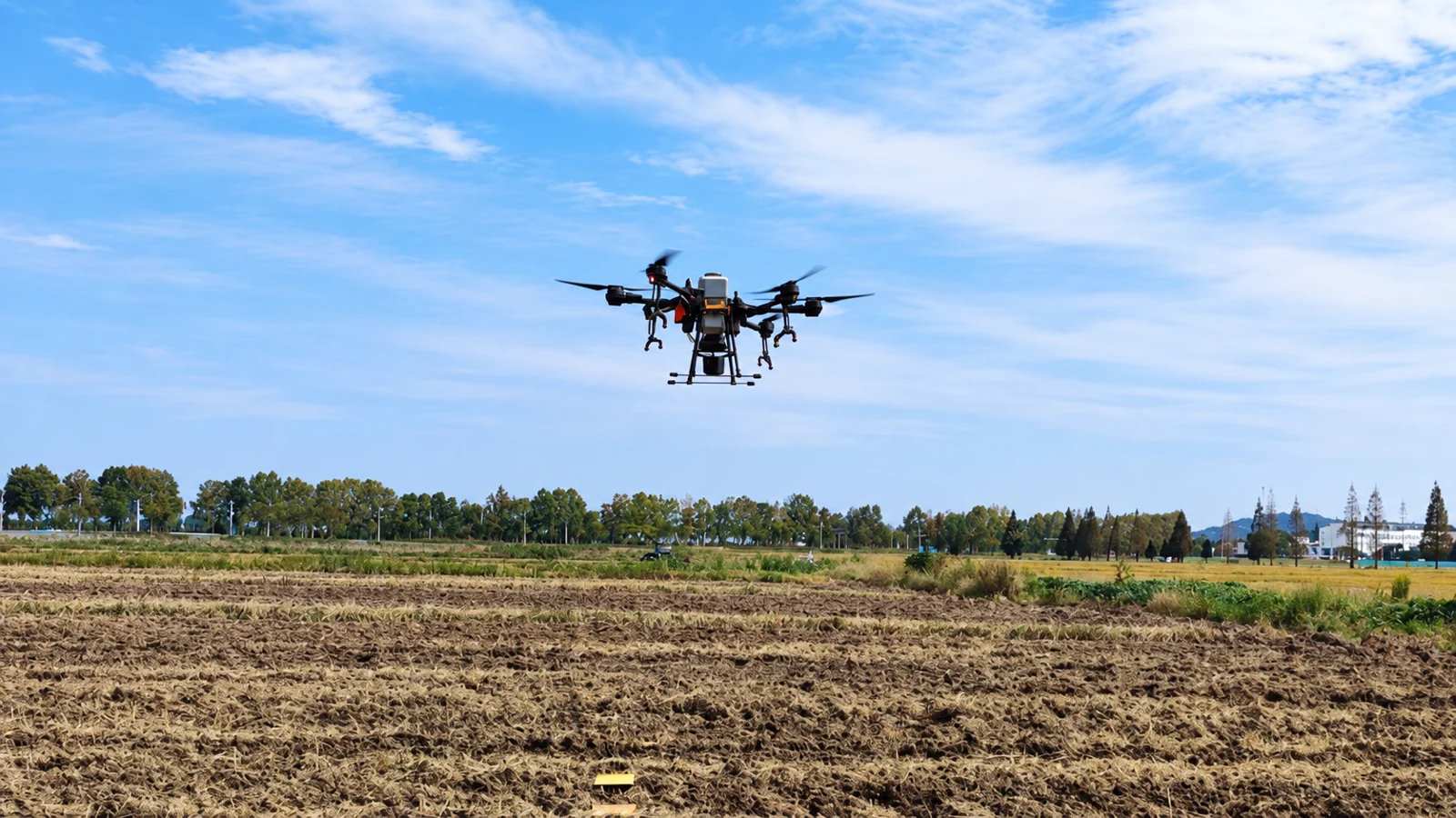 Aerial oilseed rape sowing, used illustratively for drone seeding. Cropped and black annotation line removed using AI.